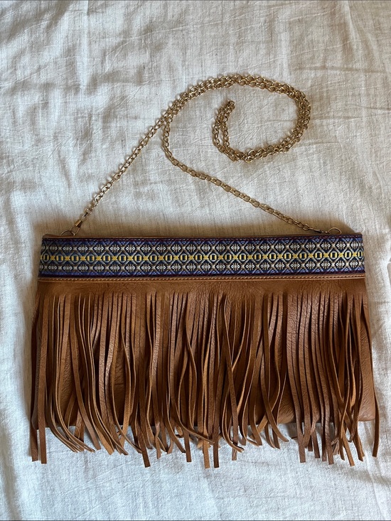 Handbags - Faux Leather Fringe Crossbody Bag with Embroidered Trim, Like New